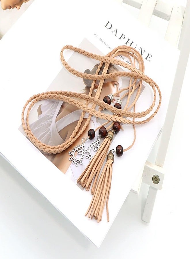 NIDMIDO Women's PU Leather Waist Belts Woven Tassels Chain Belt Skinny Rope Belt Chain for Skirt Dress Boho Style (Khaki) - Image 3